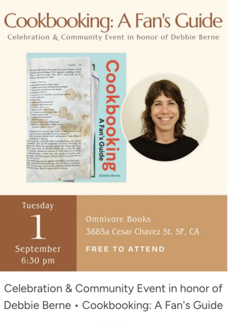 Event description for Debbie Bernes' book, "Cookbooking: A Fan's Guide"